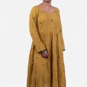 Cargo Mustard Yellow Cotton Tiered Midi Dress Handmade Embroidered Floral Large
